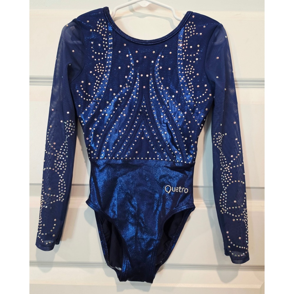 Quatro Gymnastics Leotard Girls CME Blue Metallic Rhinestone Long Sleeve Mesh